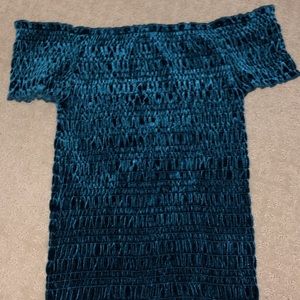 A dark velvet greenish blue off the shoulder top